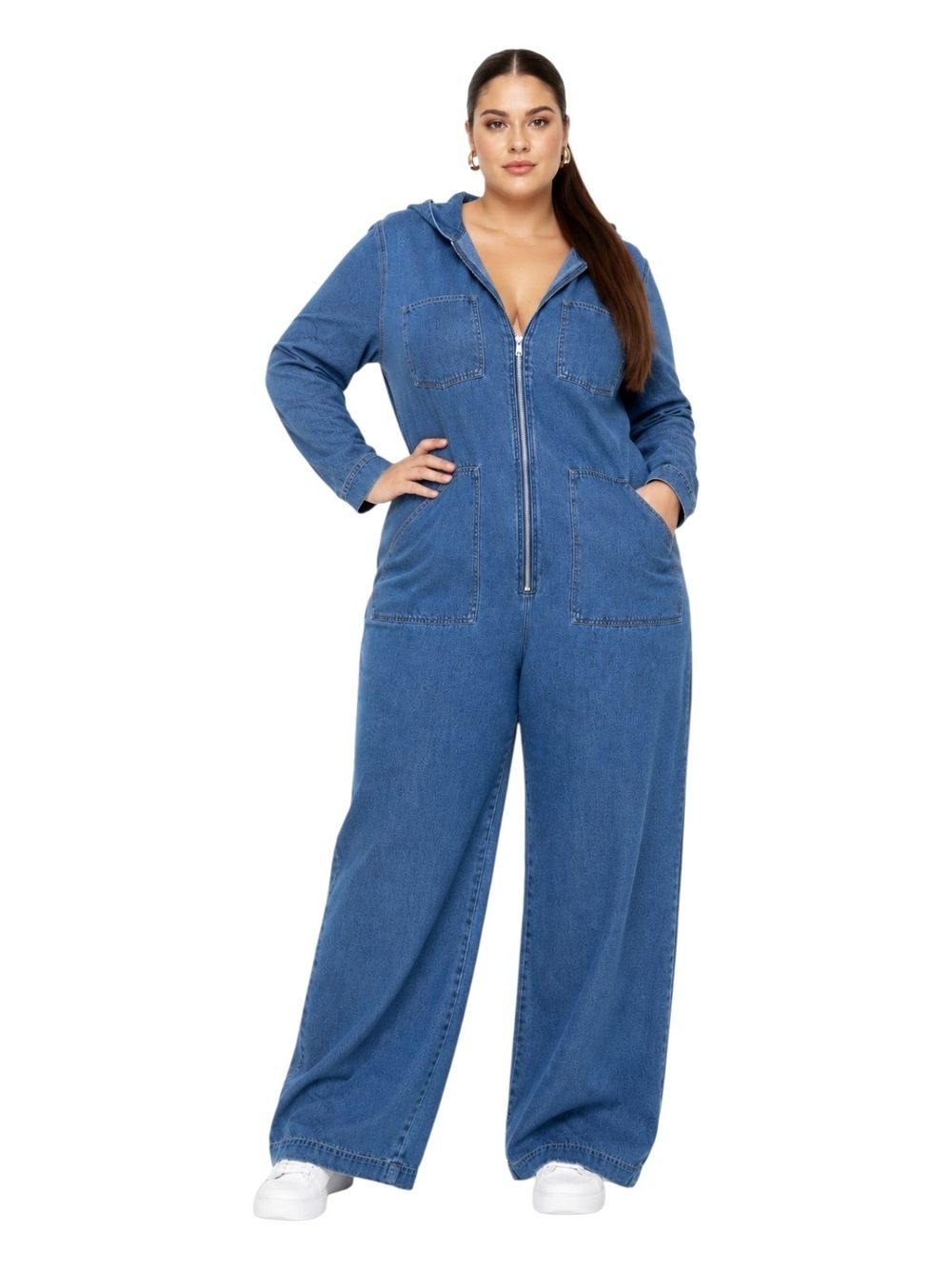 Boutique Plus Size Denim Hooded Jumpsuit Wide Leg Zip Front. Size XL